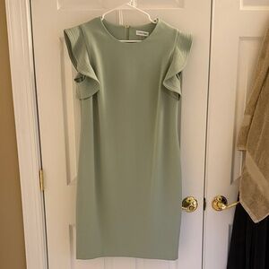Calvin Klein Sage Green Midi Dress with Ruffle Sleeves